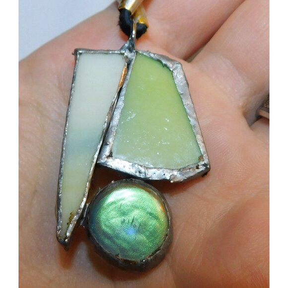 Handmade Abstract Green Stained Glass Pendant Necklace - Picture 3 of 6